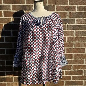 Tommy Bahama XL Geometric Print Tunic Top Red Blue Boho Flowy Lightweight Blouse